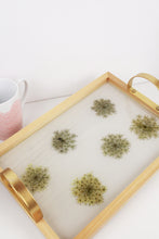 Load image into Gallery viewer, Wooden tray with gold handles.
