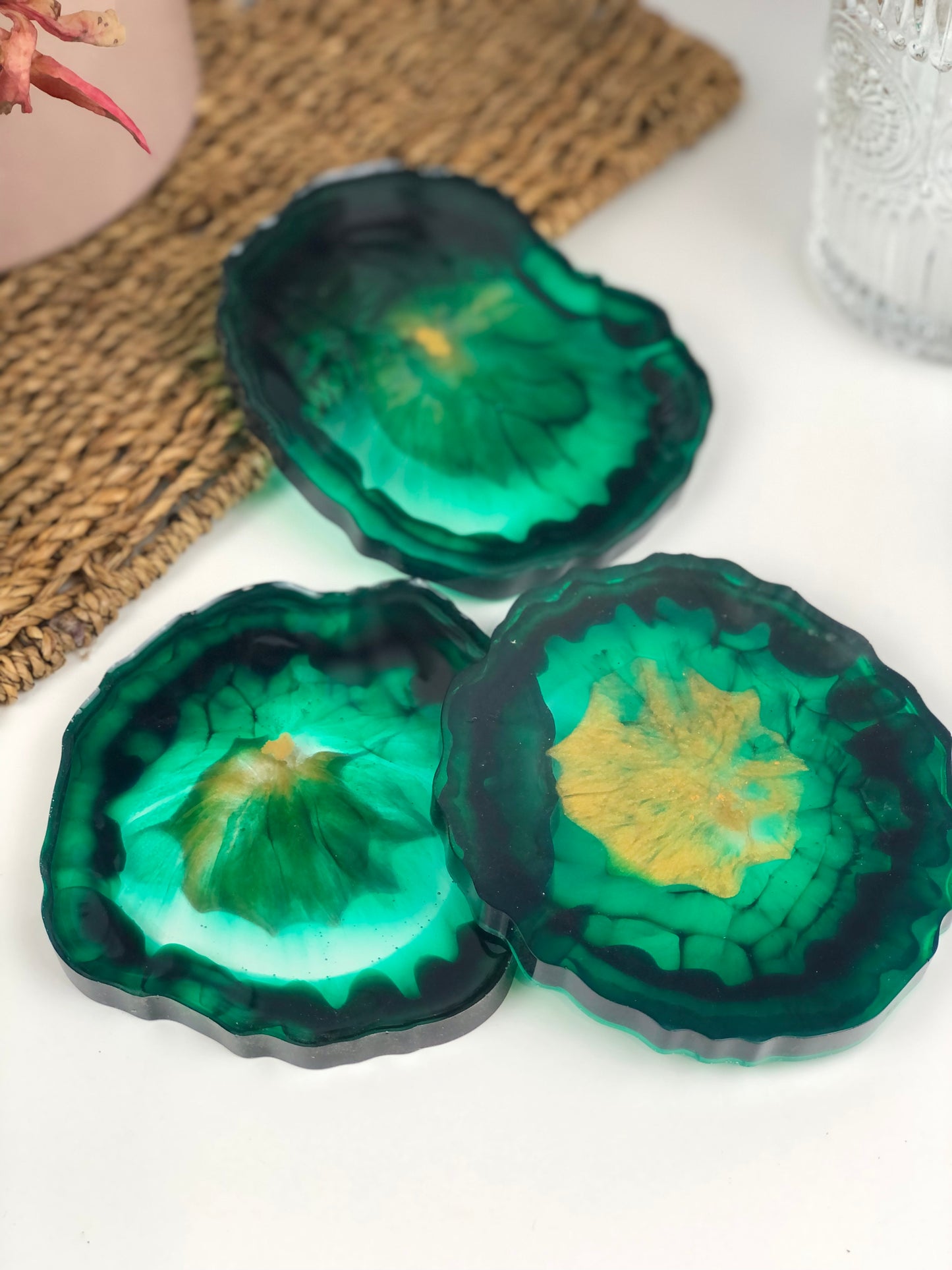 Coasters Set of three emerald and gold