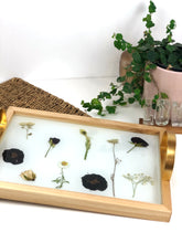 Load image into Gallery viewer, Wooden tray with gold handles.
