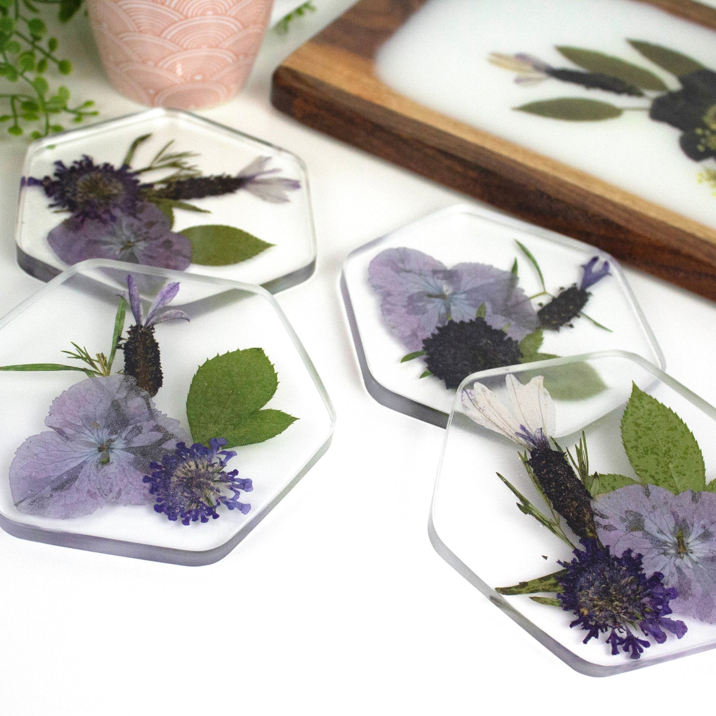 Coasters Hexagon  Pressed flower