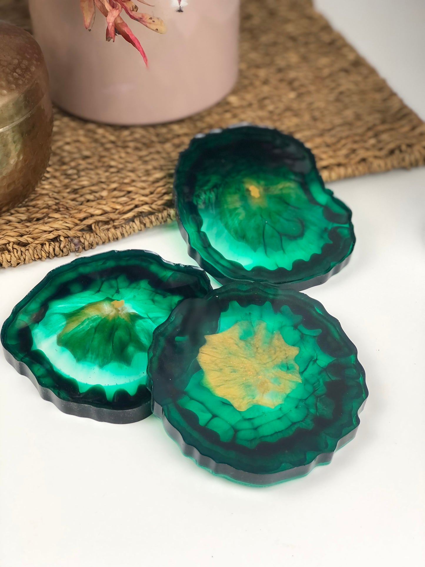 Coasters Set of three emerald and gold