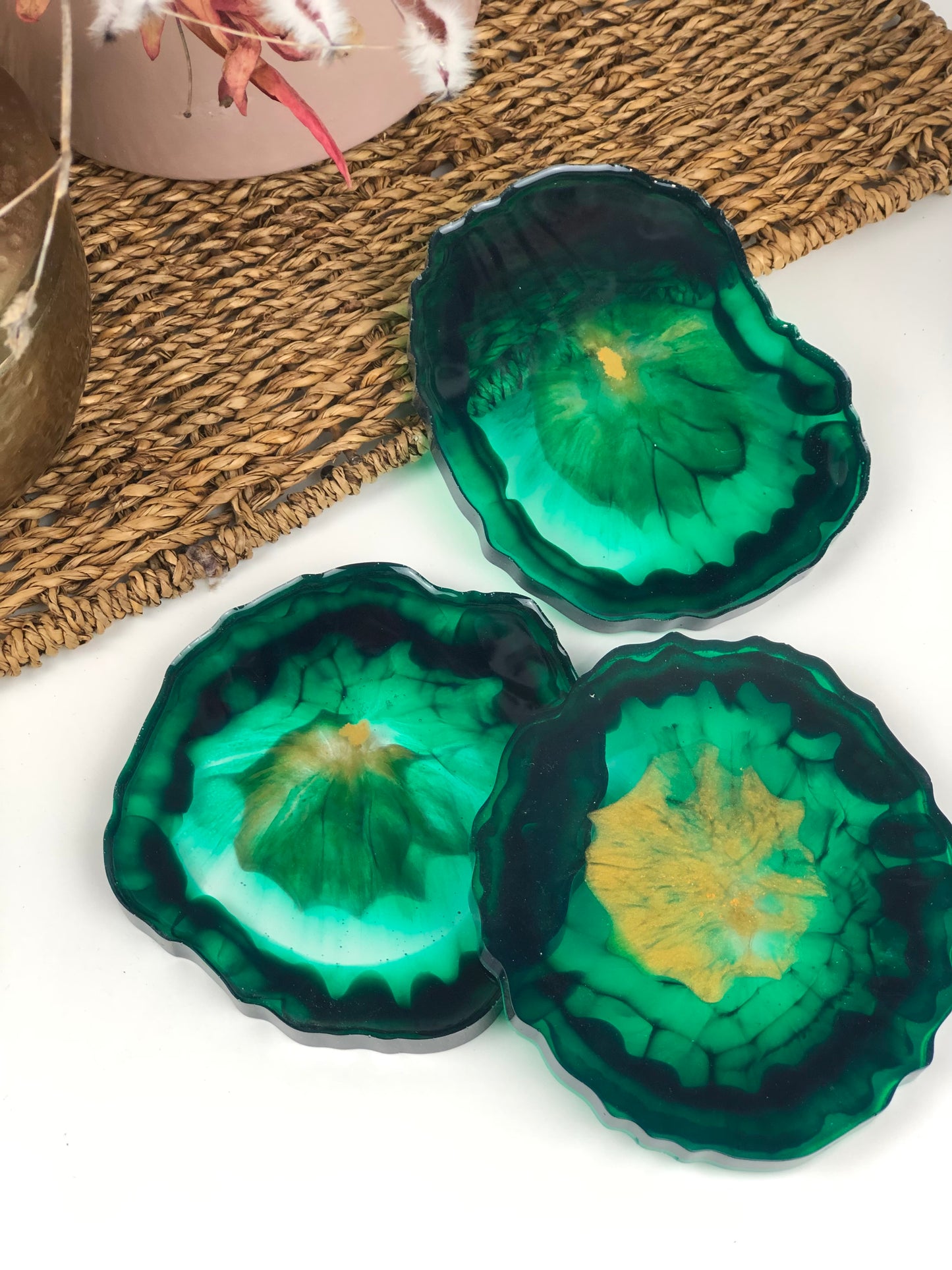 Coasters Set of three emerald and gold